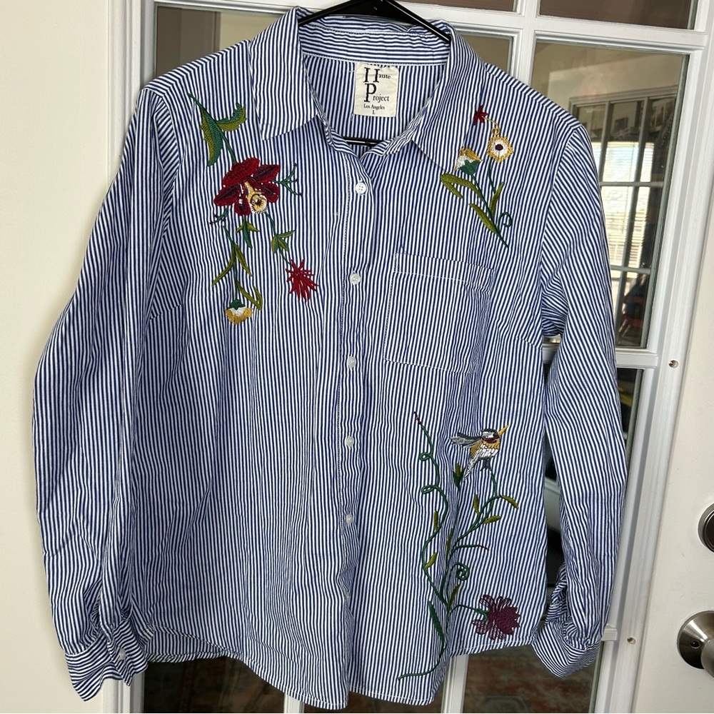 Haute Project Striped‎ Floral Embroidered Shirt Size Large
